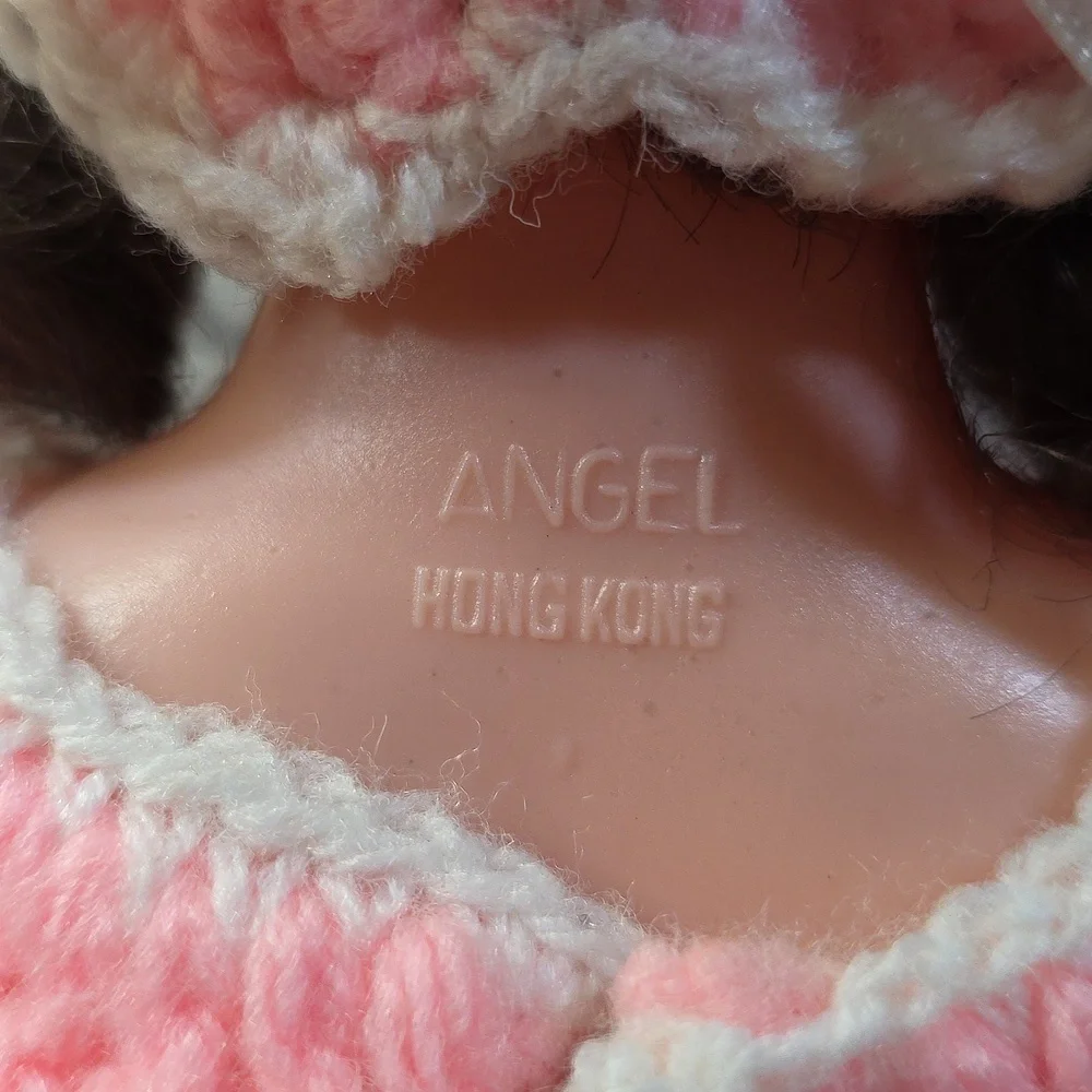 Vintage Angel Doll Brunette Crochet Dress and Accessories Pink White 14